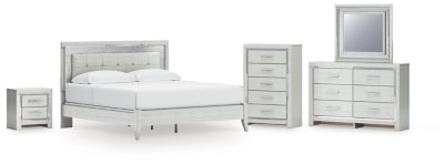 Zyniden King Upholstered Panel Bed, Dresser, Mirror, Chest and Nightstand