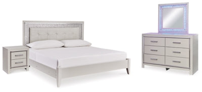 Zyniden King Upholstered Panel Bed, Dresser, Mirror and Nightstand