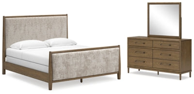 Roanhowe California King Upholstered Bed, Dresser and Mirror