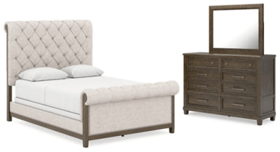 Hillcott Queen Upholstered Bed, Dresser and Mirror