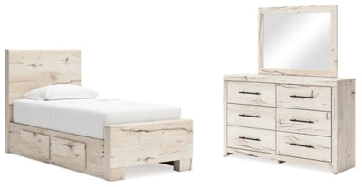 Lawroy Twin Panel Bed with Storage, Dresser and Mirror