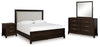 Neymorton Queen Upholstered Panel Bed, Dresser, Mirror and Nightstand