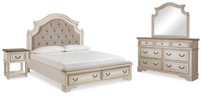 Realyn King Storage Bed, Dresser, Mirror and Nightstand