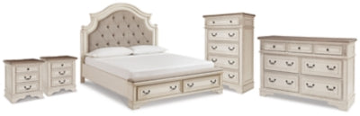 Realyn King Storage Bed, Dresser, Chest and 2 Nightstands