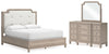 Jorlaina California King Upholstered Panel Bed, Dresser and Mirror