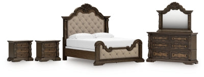 Maylee King Upholstered Bed, Dresser, Mirror and 2 Nightstands